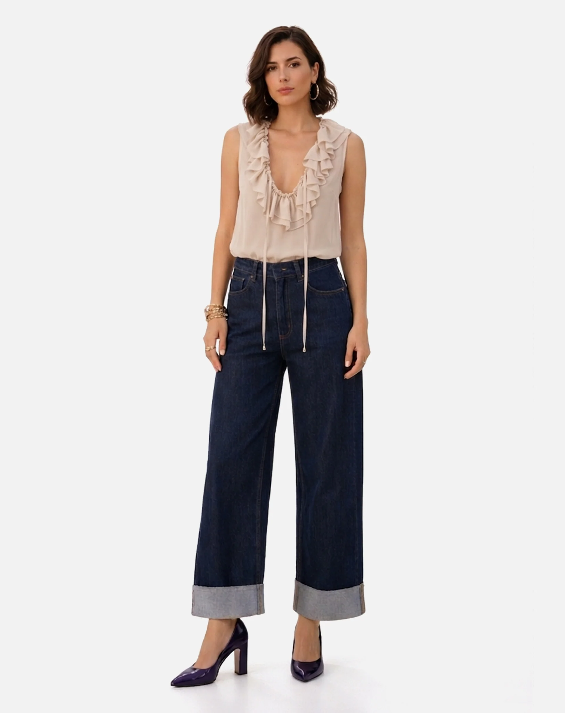 Blusa com Gola de Babados - Bege - Image 5