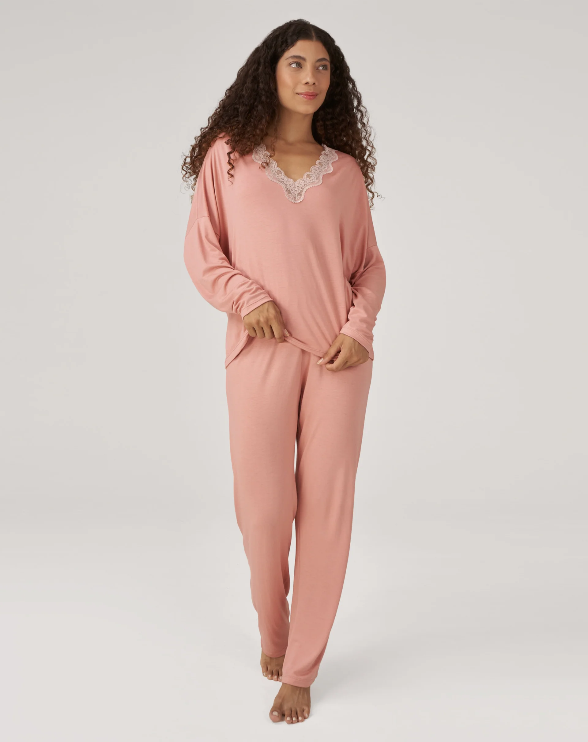 Conjunto de Pijama Longo com Renda - Rosa - Image 5