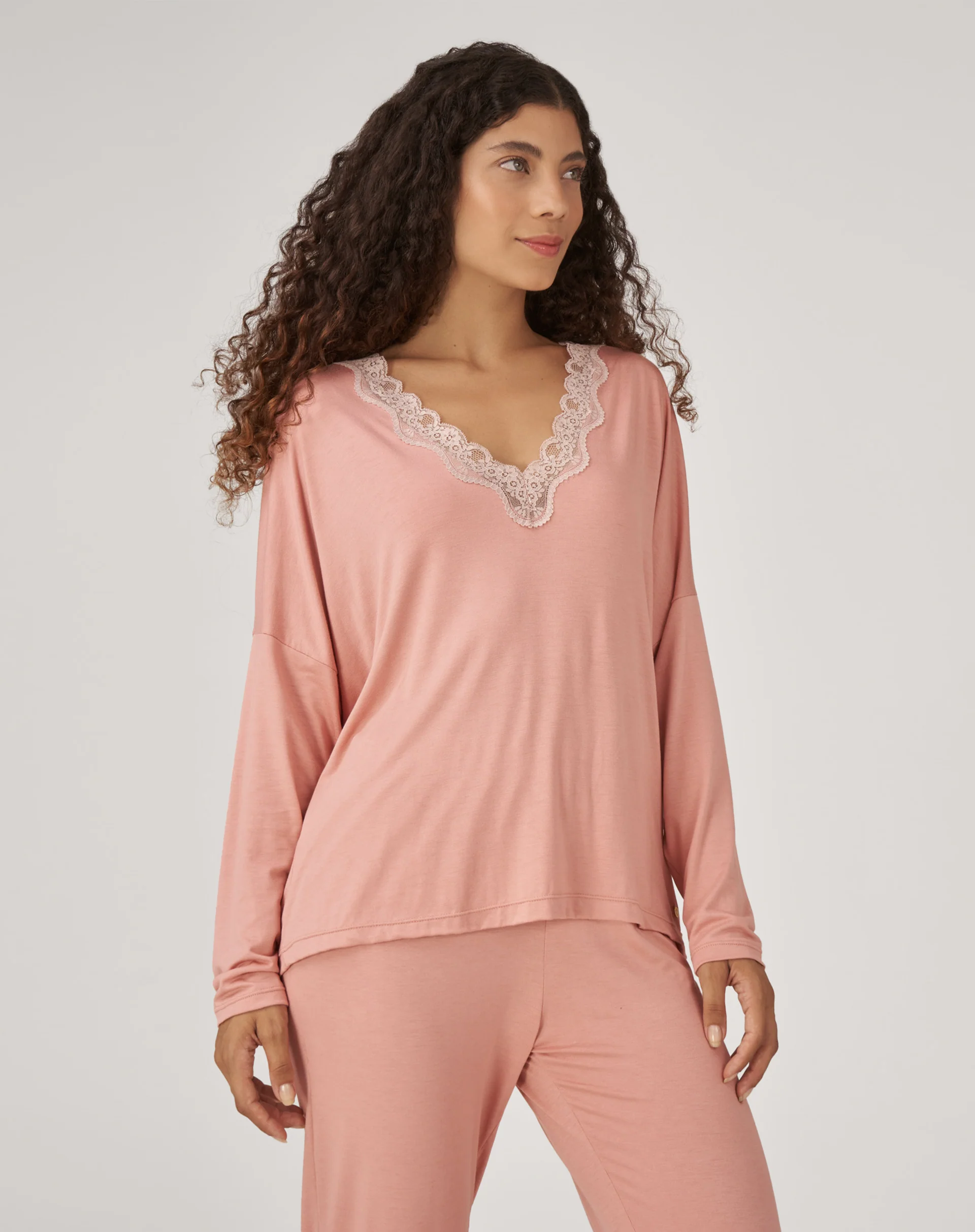 Conjunto de Pijama Longo com Renda - Rosa - Image 6