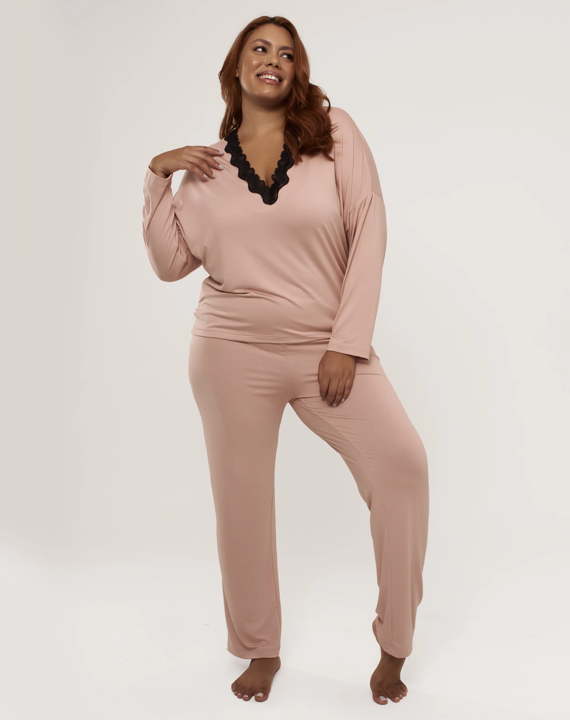 Conjunto de Pijama Longo com Renda - Rosa Claro - Image 7